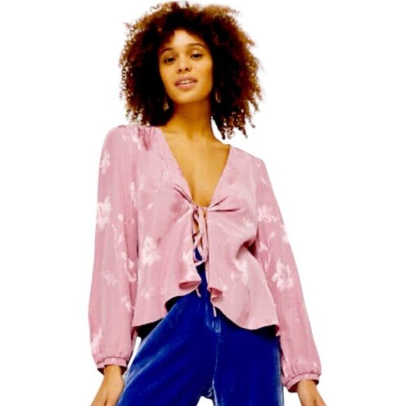 Topshop Women’s Pink Floral Jacquard Tie Blouse Size 4 - Picture 1 of 13